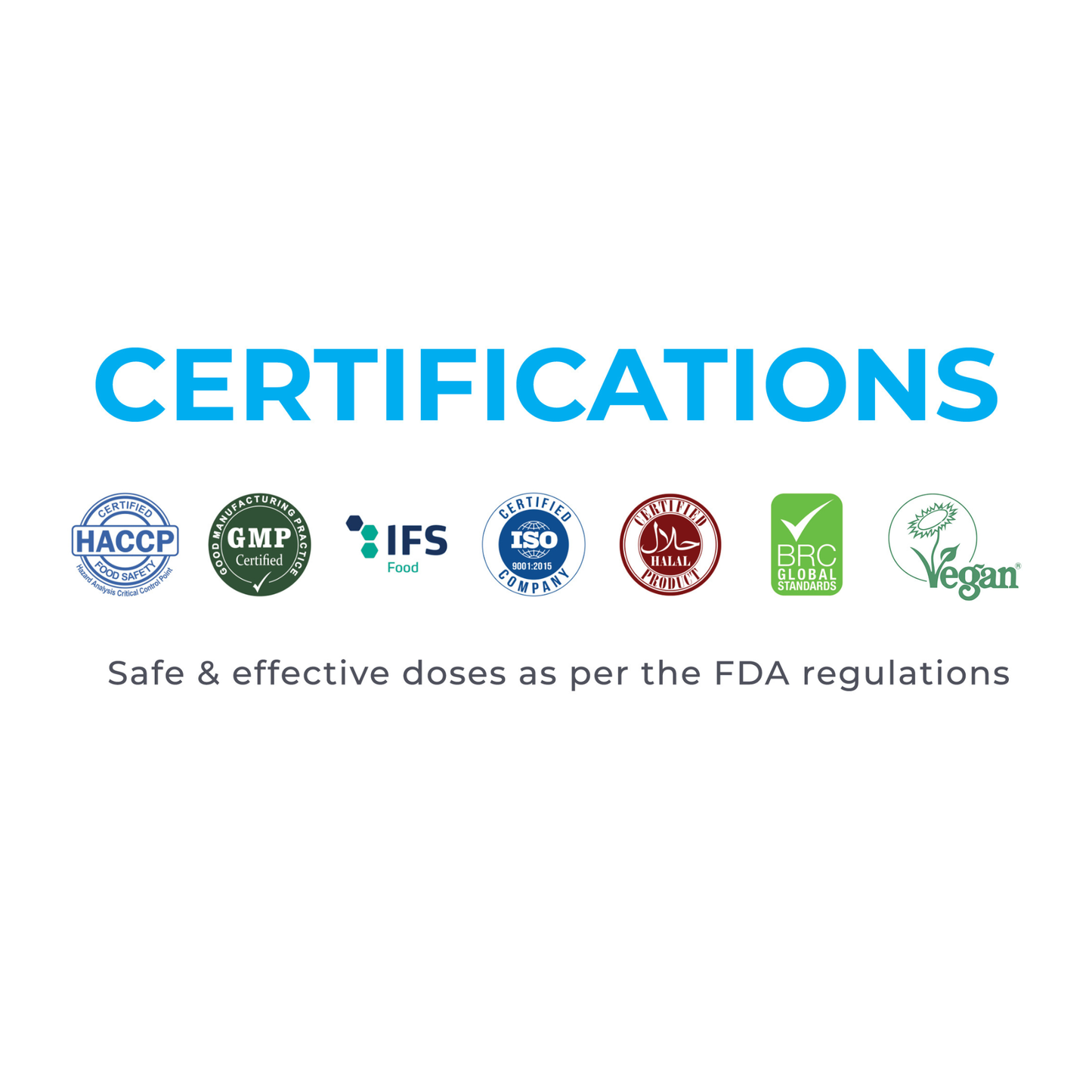 HACCP GMP ISO BRC certification icons food safety quality control manufacturing standards compliant supplement and sweets factory vitamins gummies chewable nutraceutical production certified buy now